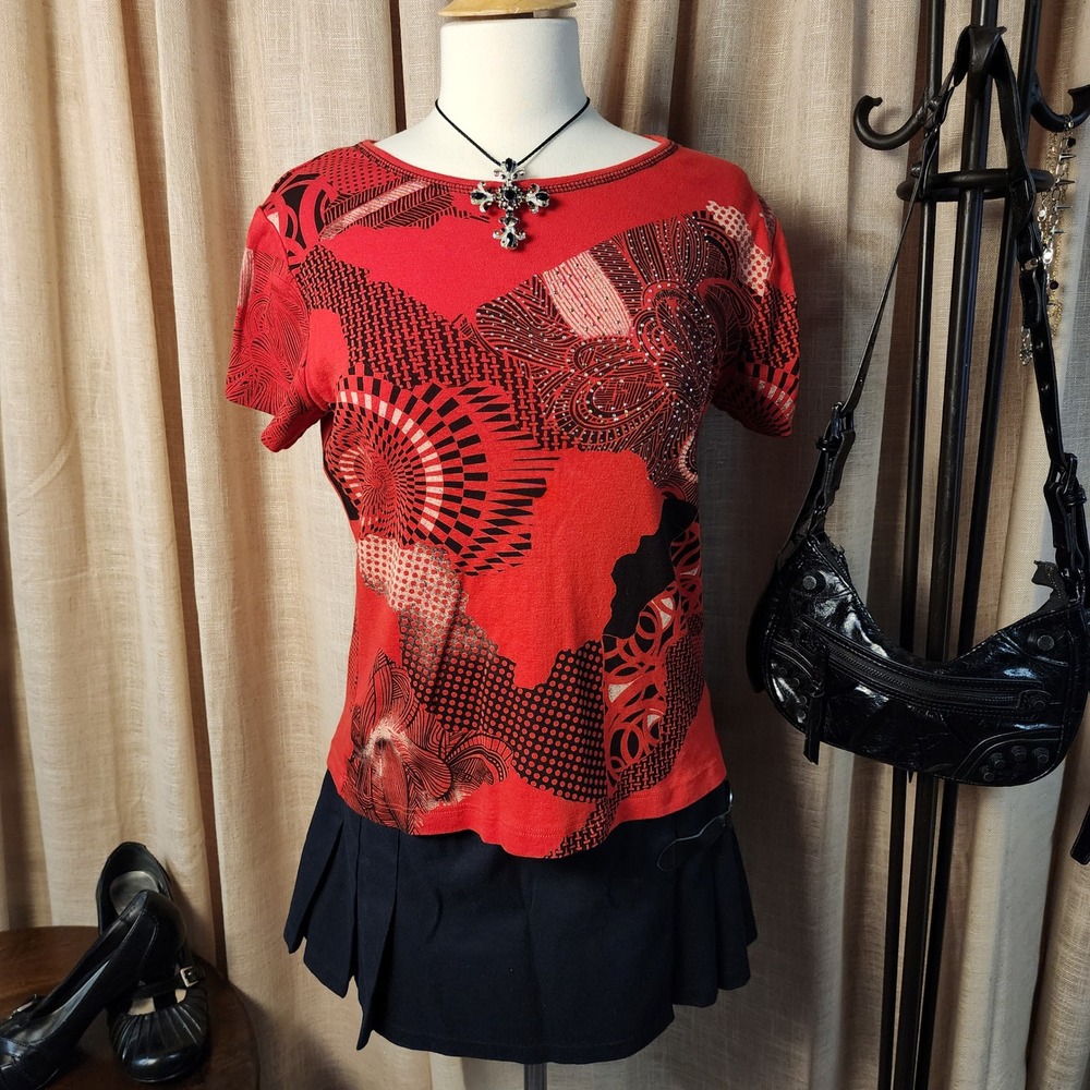 Cactus Women Medium Red Abstract Rhinestone Embellished Short Sleeve T-Shirt Tee